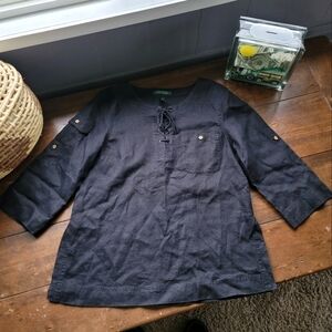 Lauren Ralph Lauren 100% Linen Lace Up Neck Blouse size M Black Gold Hardware